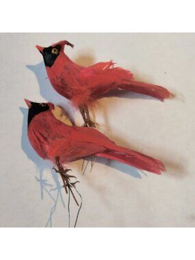 Red Cardinal Bird Figurine Ornament Feathers Wire Pick Craft Decoration Lot 2